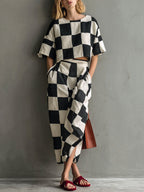 Women's Plaid-print Cotton-linen Two-piece Set: Short-sleeve Crewneck Loose-fit Top & High-waisted A-line Skirt