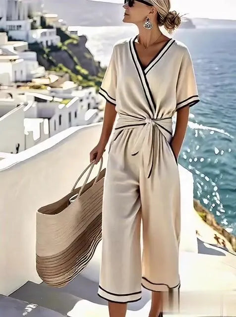 Women'S Loose Striped Printed Knot Wide Leg Pants Set
