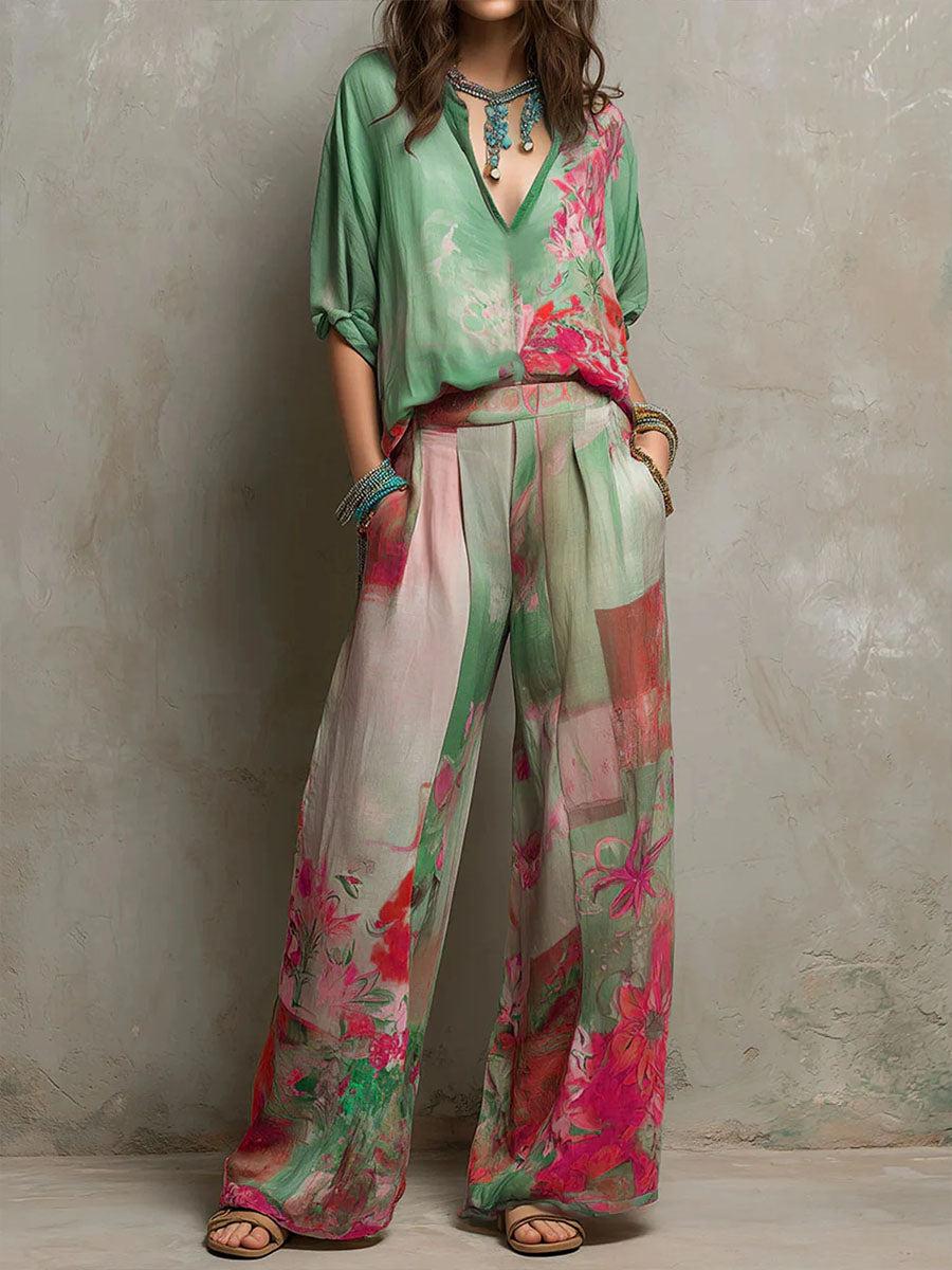 Women's Printed Set: V-neck 3/4-sleeve Top & High-waisted Wide-leg Pants