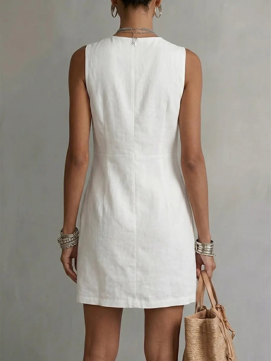 Women's Sleeveless V-neck Cotton-linen Dress