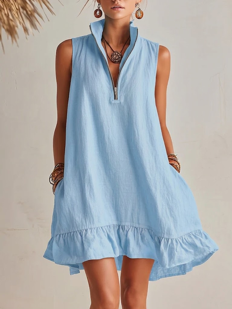 Casual Half-zip Sleeveless Linen And Cotton Dress