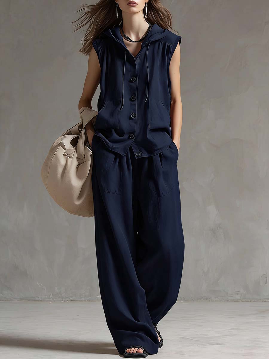 Women's Solid Color Sleeveless Casual Loose Hooded Top and High-Waisted Wide-Leg Cotton Set