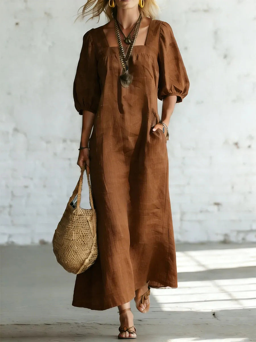 Minimalist Square Neck And Half Sleeves Casual Cotton-linen Long Dress