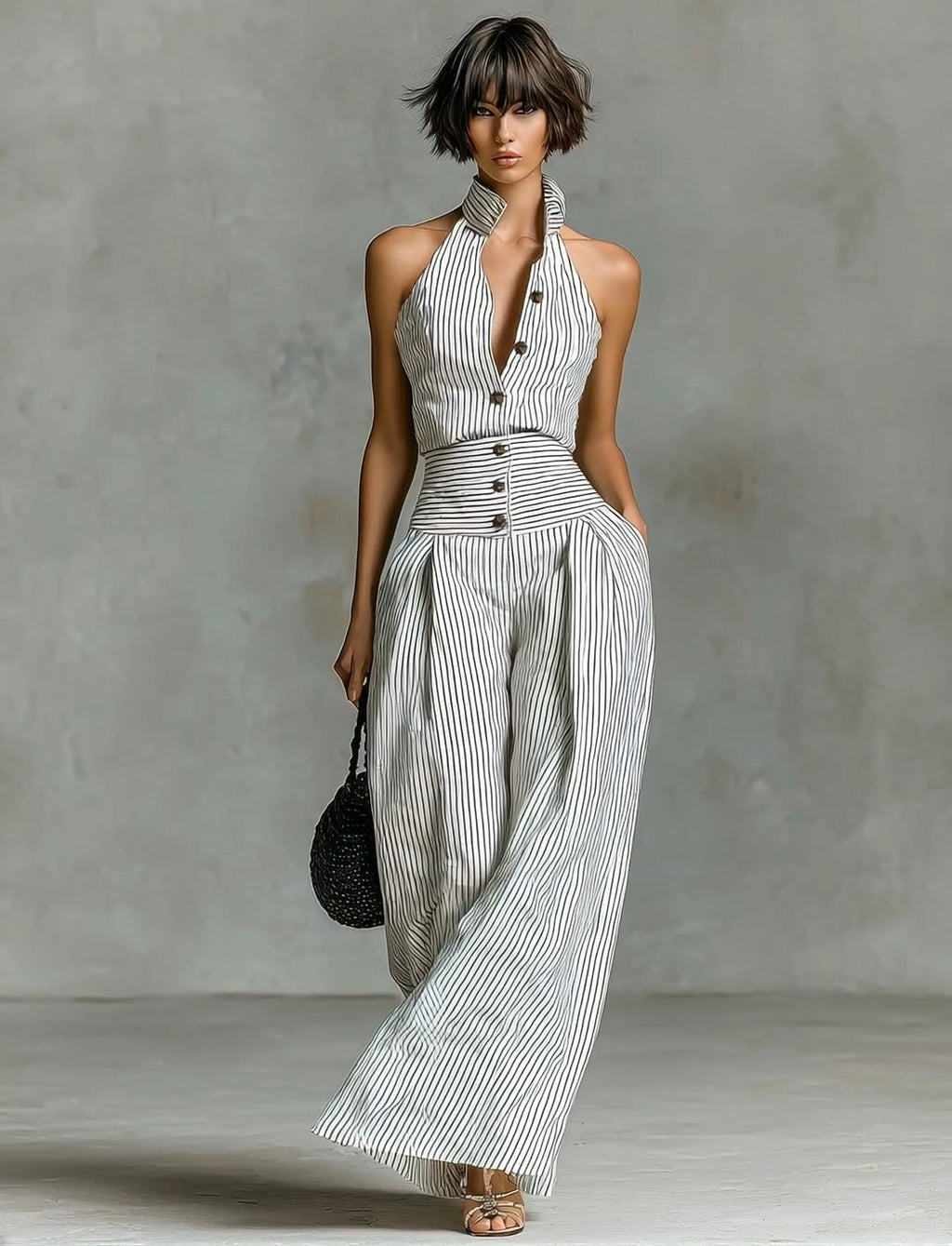 Retro Striped Sleeveless Top + High-waisted Wide-leg Pants Two-piece Set