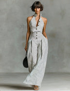 Retro Striped Sleeveless Top + High-waisted Wide-leg Pants Two-piece Set