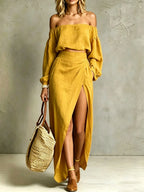 Solid-color Off-shoulder Top And Asymmetrical Skirt Two-piece Set