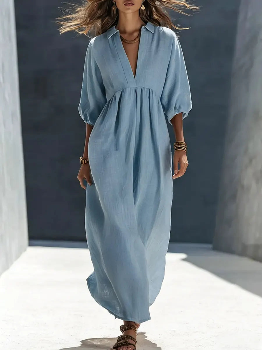 Women's V-neck Mid-sleeve Cotton And Linen Dress