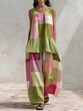 Women's Geometric Print Cotton-linen Set: Crew Neck Sleeveless Loose-fit Top & High-waisted Loose-fit Wide-leg Pants