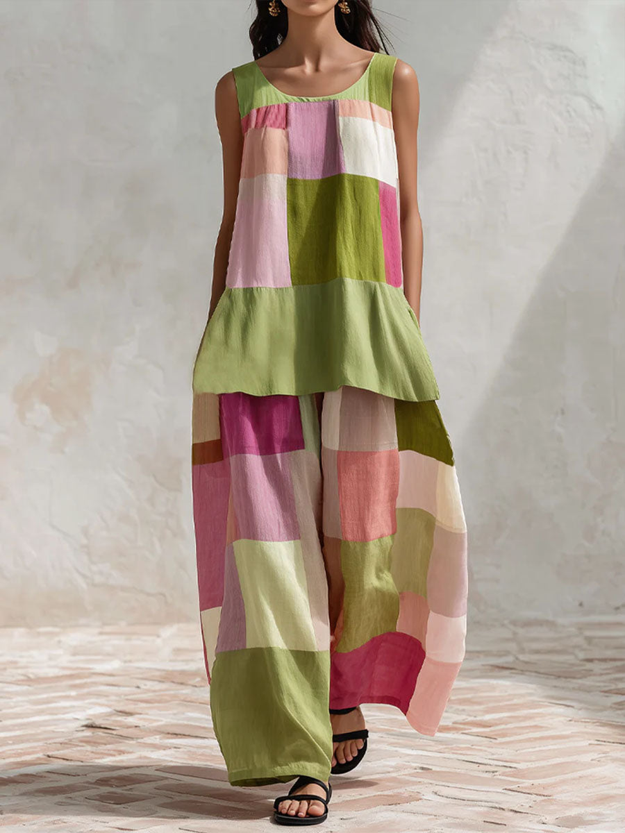 Women's Geometric Print Cotton-linen Set: Crew Neck Sleeveless Loose-fit Top & High-waisted Loose-fit Wide-leg Pants