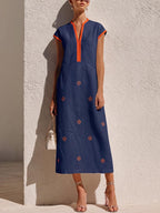 Women's V-neck Short-sleeve Casual Loose Cotton-linen Dress