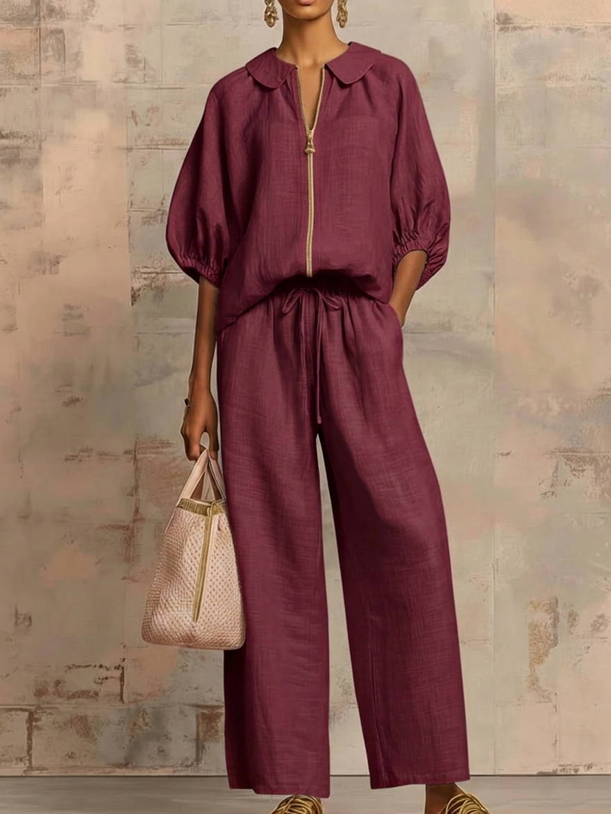 Stylish Peter Pan Collar Zip-up Shirt And Wide-leg Pant Linen Cotton Set