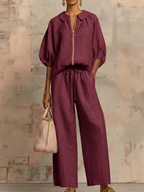 Stylish Peter Pan Collar Zip-up Shirt And Wide-leg Pant Linen Cotton Set