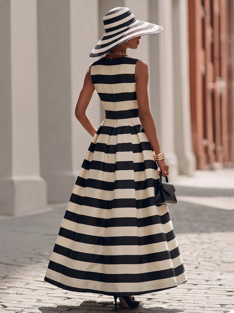 Elegant Black And White Striped Maxi Dress