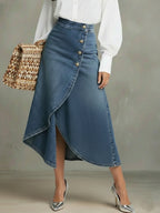 Elegant Wrap-around Irregular Hem Denim Skirt