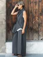 Casual Cowl-neck Linen & Cotton Top And Wide-leg Pants Two-piece Set