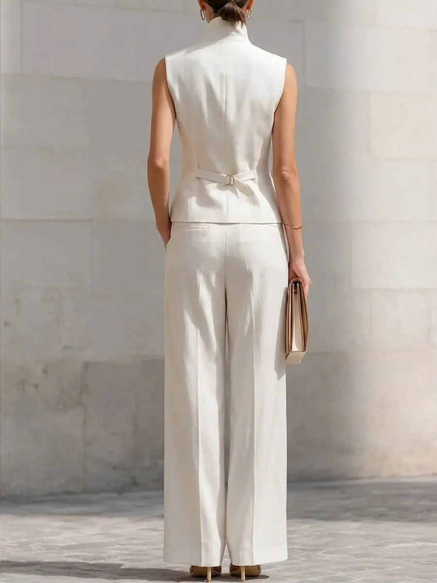 Women's Stand-up Collar Sleeveless Casual Loose Top And High-waisted Casual Loose Wide-leg Pants Cotton Set