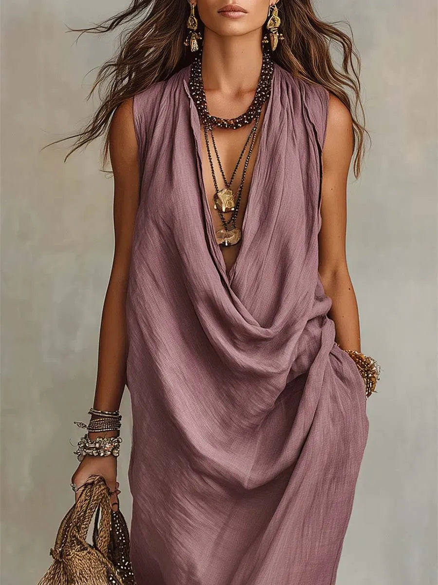 Women's Solid Color Swing Collar Art Stylish Cotton Linen Casual Dress