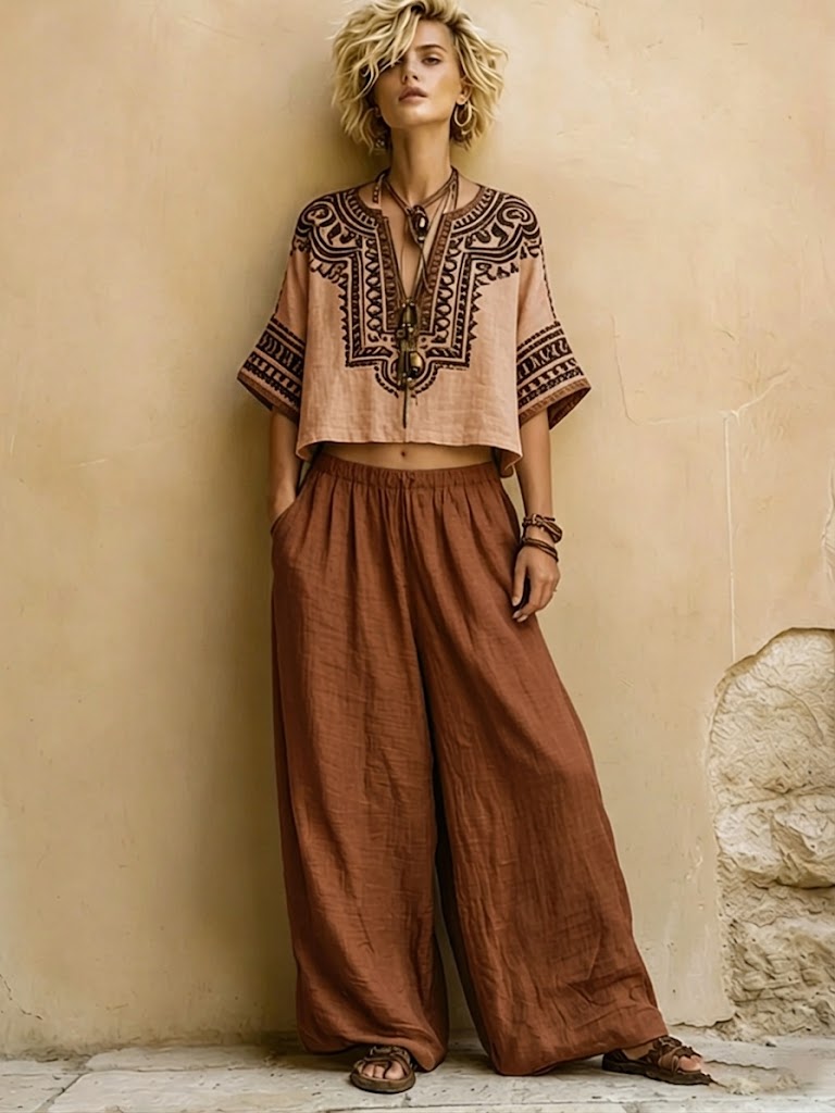 Bohemian Ethnic-print Linen And Cotton Shirt And Pants Two-piece Set
