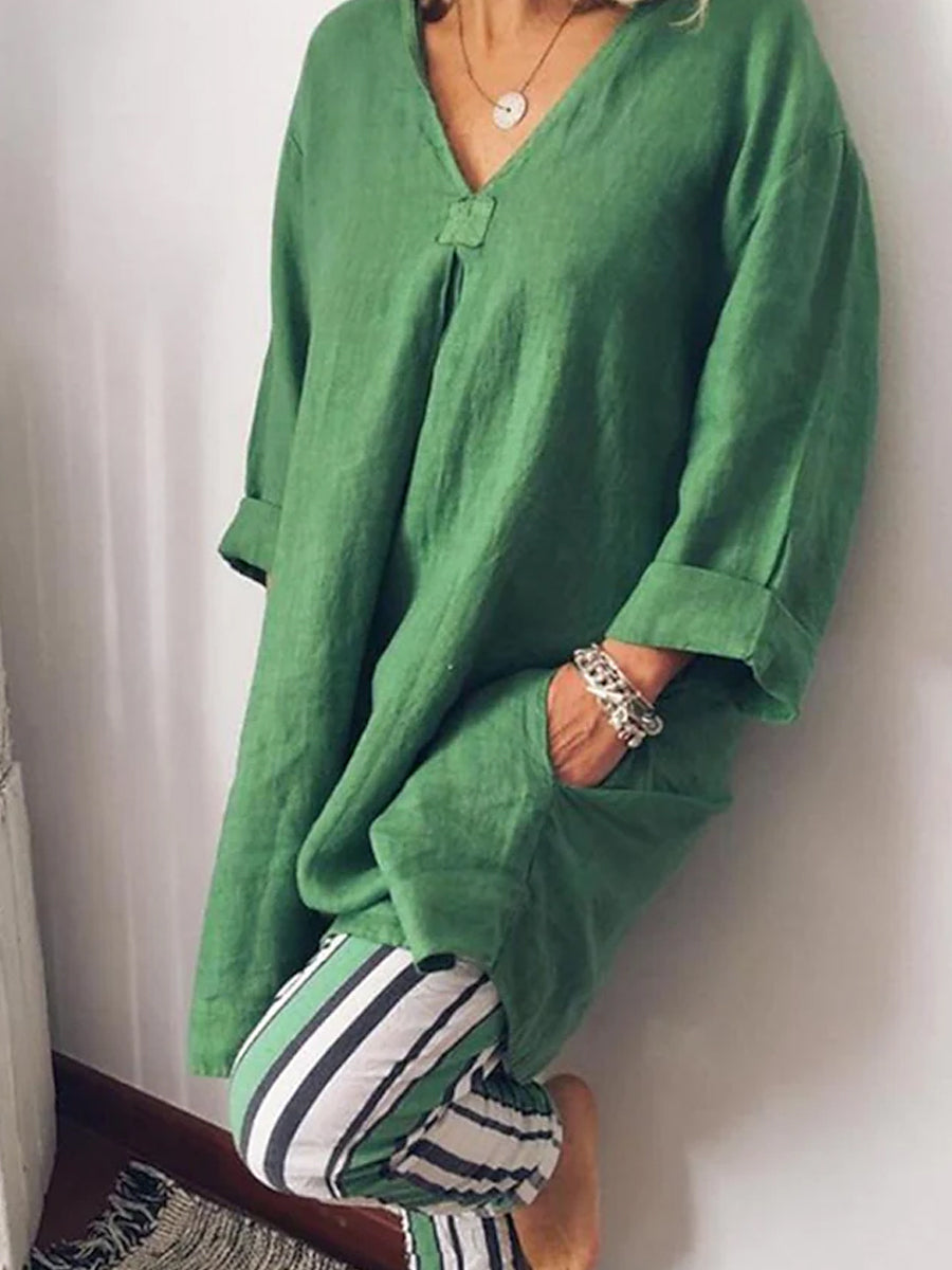 Casual Plain V Neck Long Sleeve Loose Shirt & Striped Pants 2Ps Set