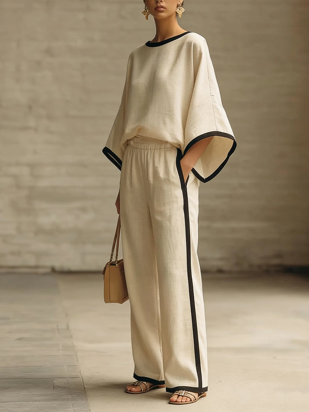 Elegant Trimmed Edge Loose Batwing Sleeve Cotton Linen Two-piece Set