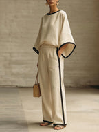 Elegant Trimmed Edge Loose Batwing Sleeve Cotton Linen Two-piece Set