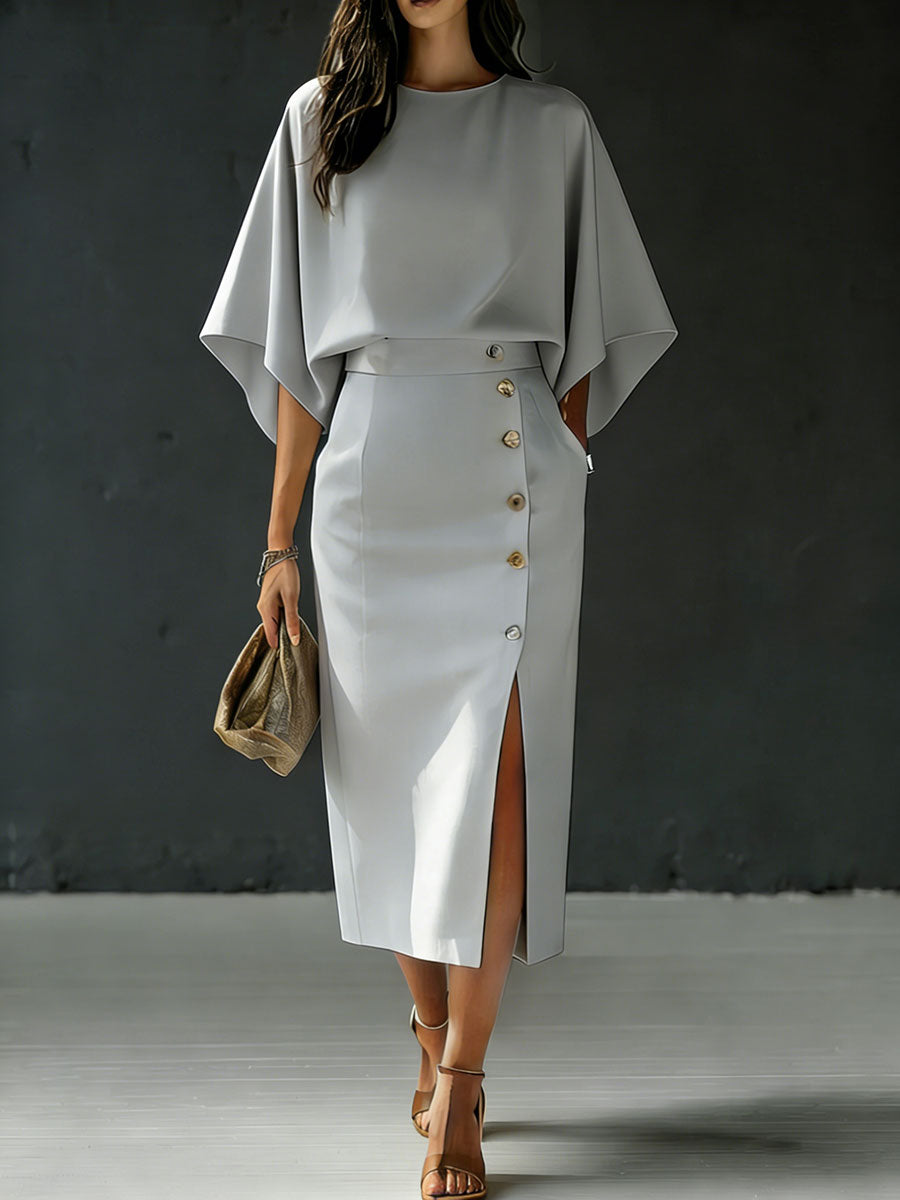 Women's Round Neck Loose Sleeve Casual Loose Cotton Linen Top And High Waist Casual Loose Long Skirt Cotton Linen Set