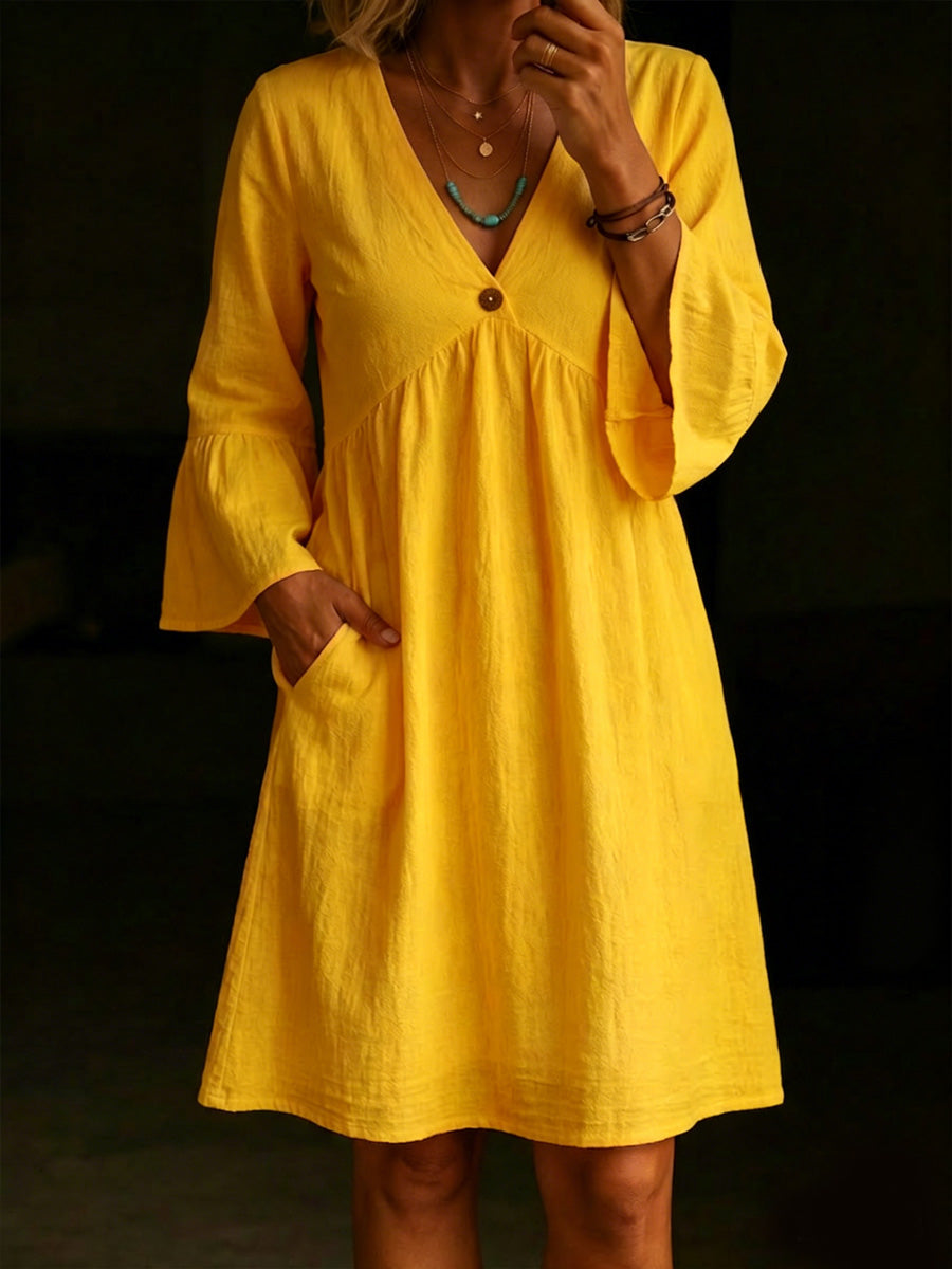 Women's V-neck Ruffle Sleeves Cotton Dress