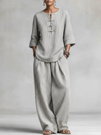 Women's Casual Minimalist Striped Ethnic Style Cotton-linen Set