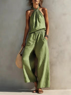 Women's Casual Halter Top And Wide-leg Pants Cotton And Linen Set