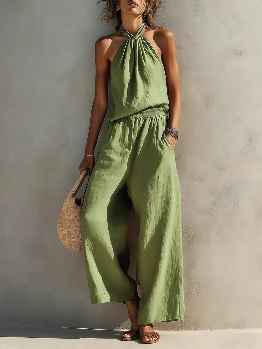 Women's Casual Halter Top And Wide-leg Pants Cotton And Linen Set