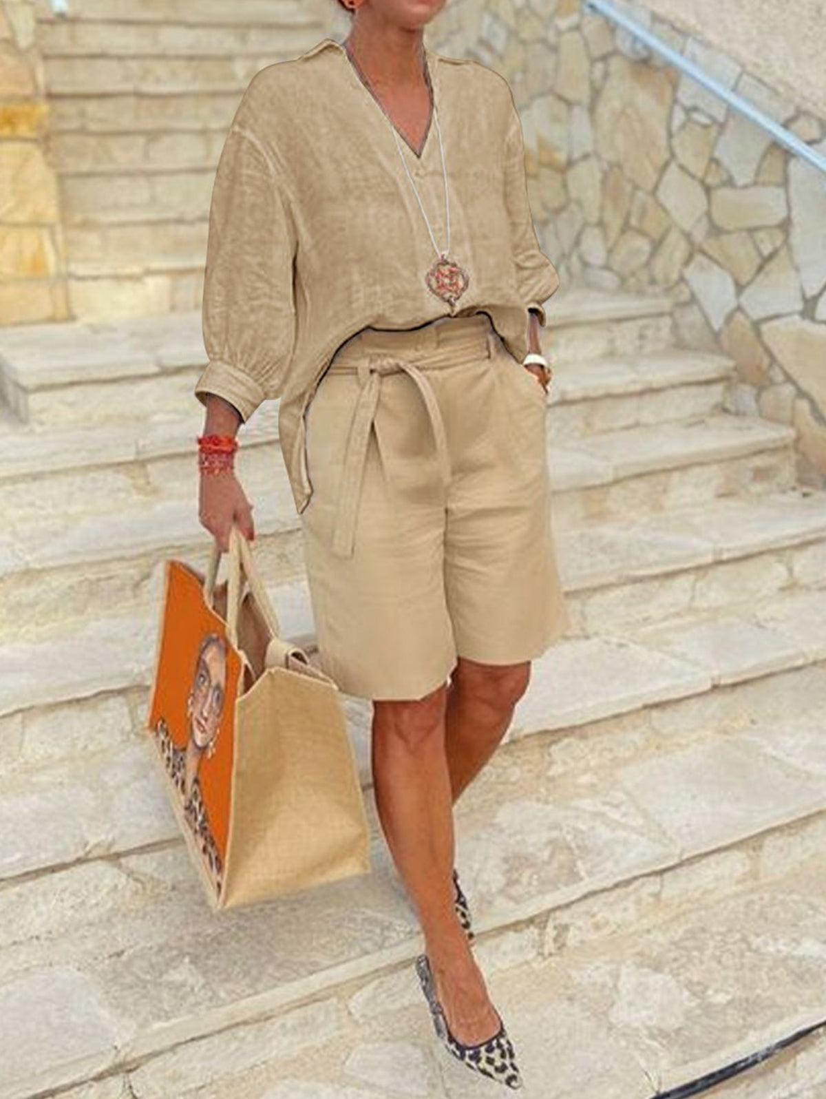 Women's V Neckline Puff Sleeve Top And Belted Shorts Set