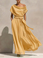 Women's Solid-color Off-shoulder Short-sleeve Casual Loose A-line Dress