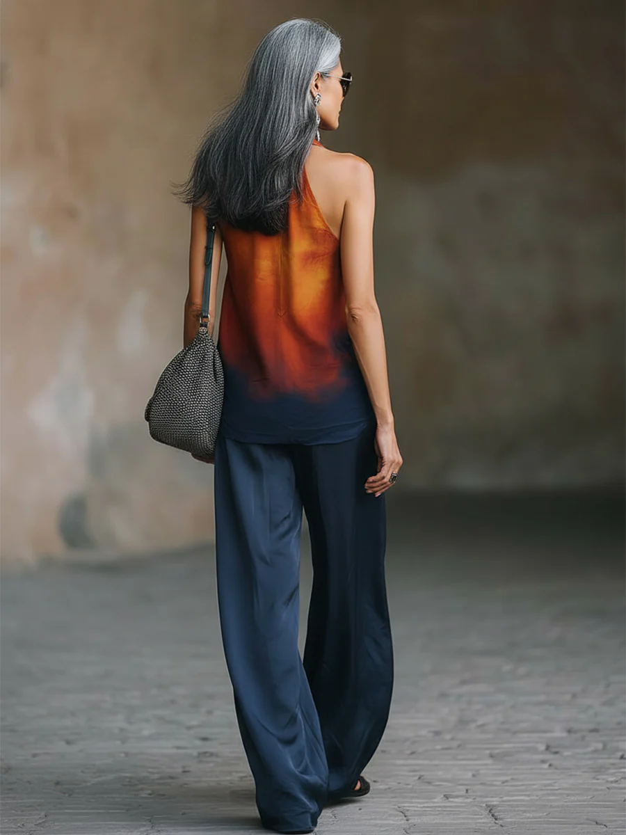 Stylish Elegant Gradient Halter Top And Wide-leg Pants Two-piece Set