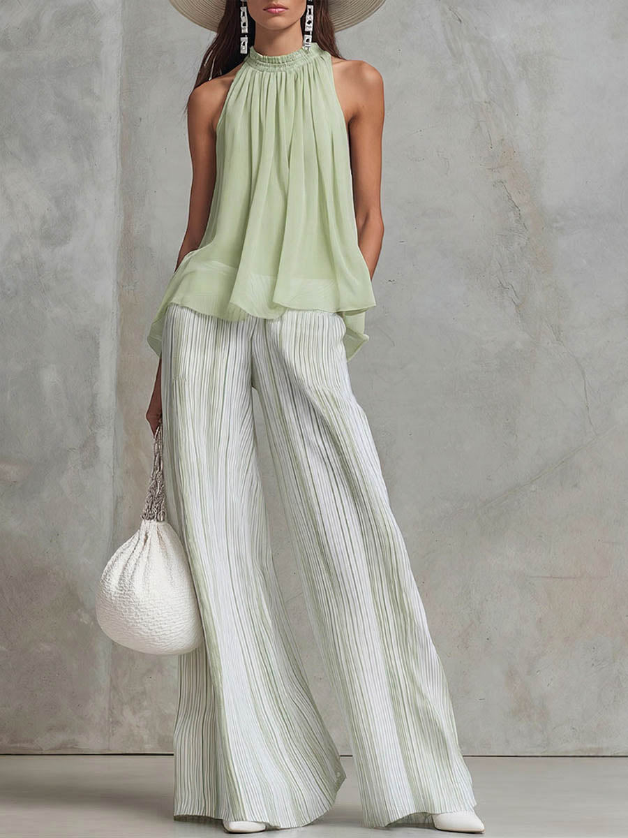 Women's Solid-color Stand-collar Sleeveless Loose-fit Top & High-waisted Loose-fit Striped Cotton-linen Wide-leg Pants Set
