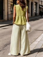 Women's Art Comfortable Casual Stylish Top And Striped Pants Cotton Linen Two-piece Set