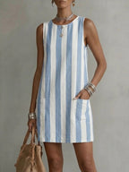 Women's Classic Striped Round-neck Sleeveless Pocket Dress