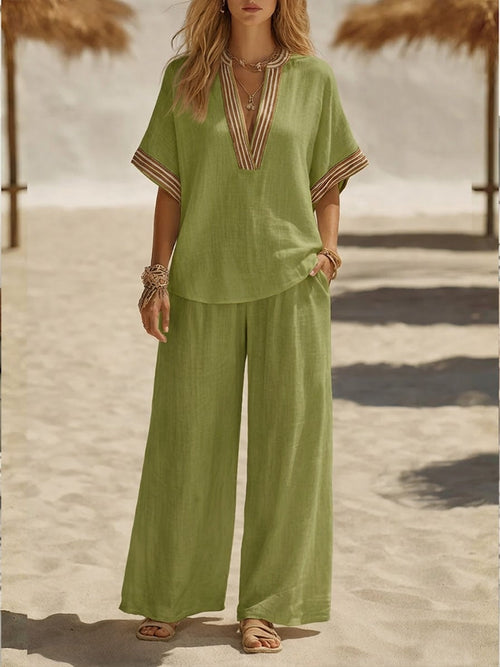 Casual Linen And Cotton Two-piece Set