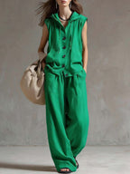 Women's Solid Color Sleeveless Casual Loose Hooded Top and High-Waisted Wide-Leg Cotton Set