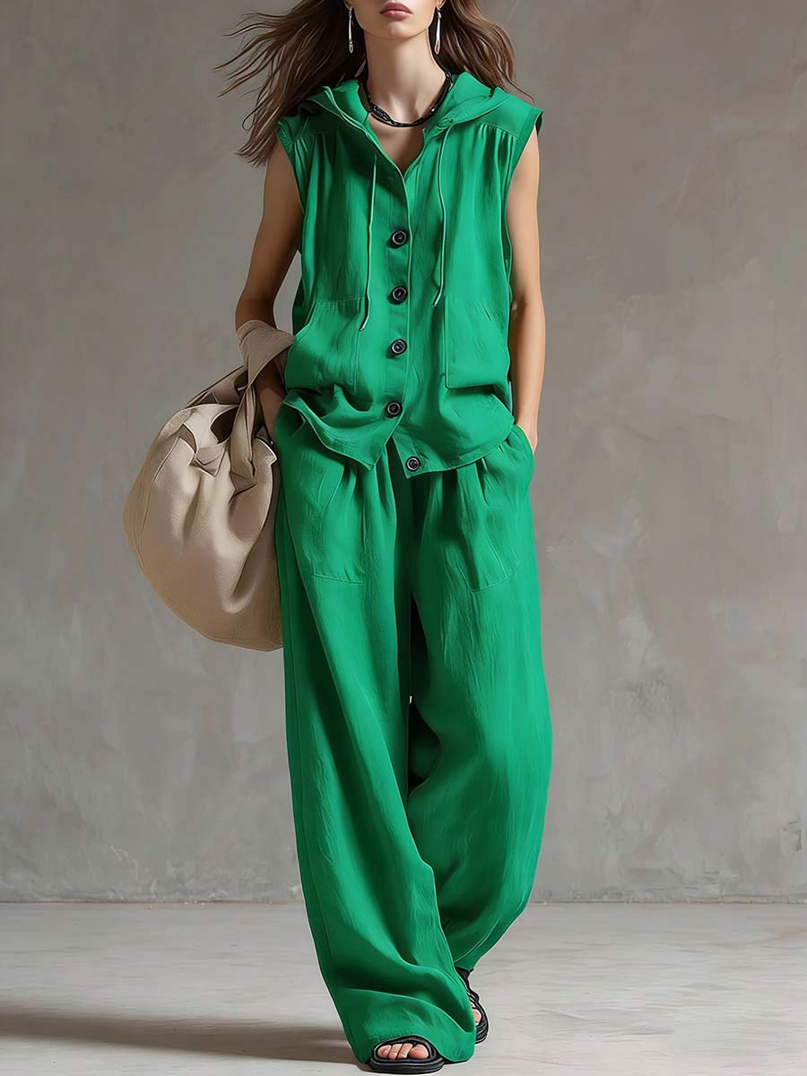 Women's Solid Color Sleeveless Casual Loose Hooded Top and High-Waisted Wide-Leg Cotton Set