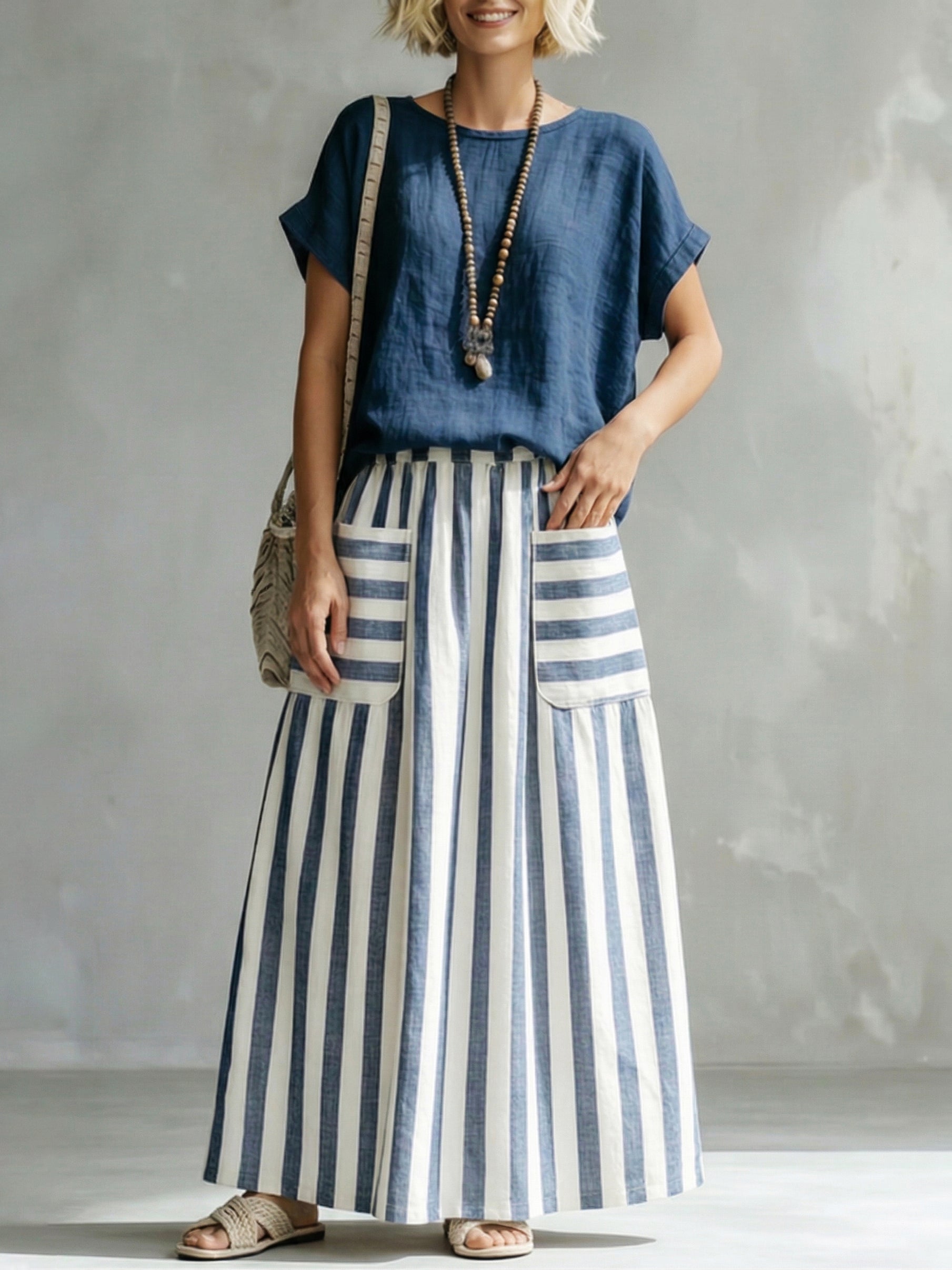 Cozy Classic Striped Cotton-linen Two-piece Set