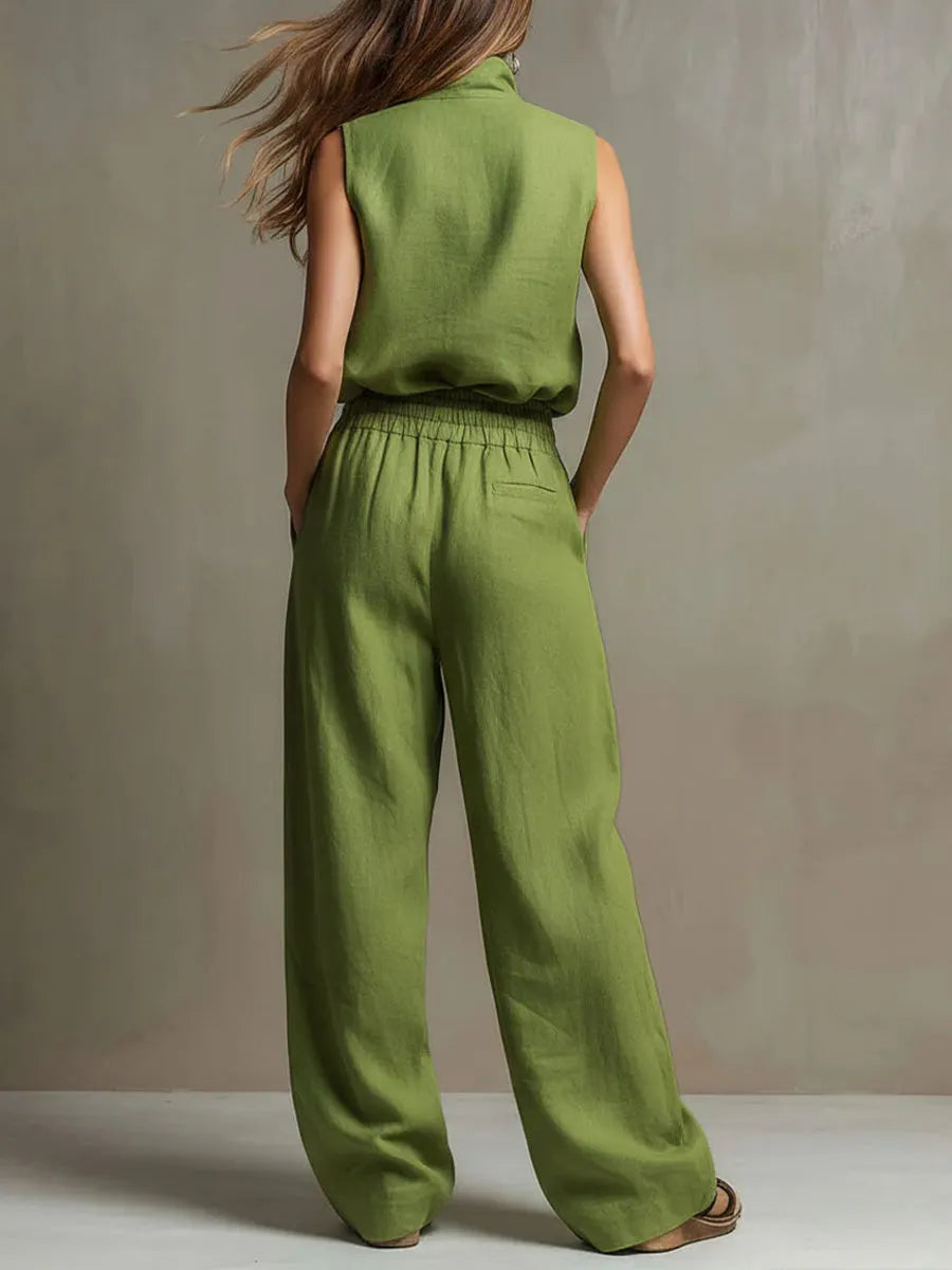 Women's Solid Color Stand Collar Sleeveless Casual Loose Cotton Linen Top And High-waisted Casual Loose Wide-leg Pants Cotton Linen Set