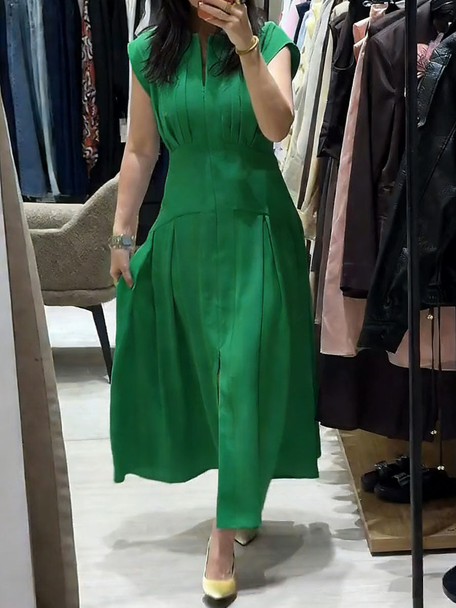 Women's Solid-color V-neck Sleeveless Casual Loose Cotton-linen Dress