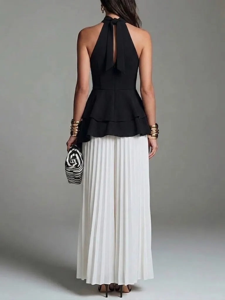 Women's Irregular Waist Ruffle Blouse With Chiffon Wide-leg Pants Set