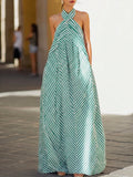Classic Striped Elegant Vacation Halter Neck Maxi Dress