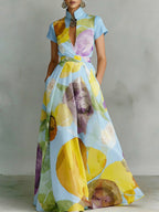 Elegant Stand-collar Floral Print Maxi Dress