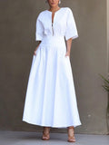 Women's Solid-color Round-neck 3/4-sleeve Casual Loose Cotton-linen Dress