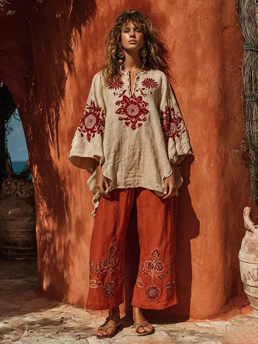 Bohemian Floral Print Linen And Cotton Two-piece Top And Pants Set