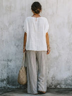Women's Simple Top And Striped Wide-leg Pants Cotton Linen Set
