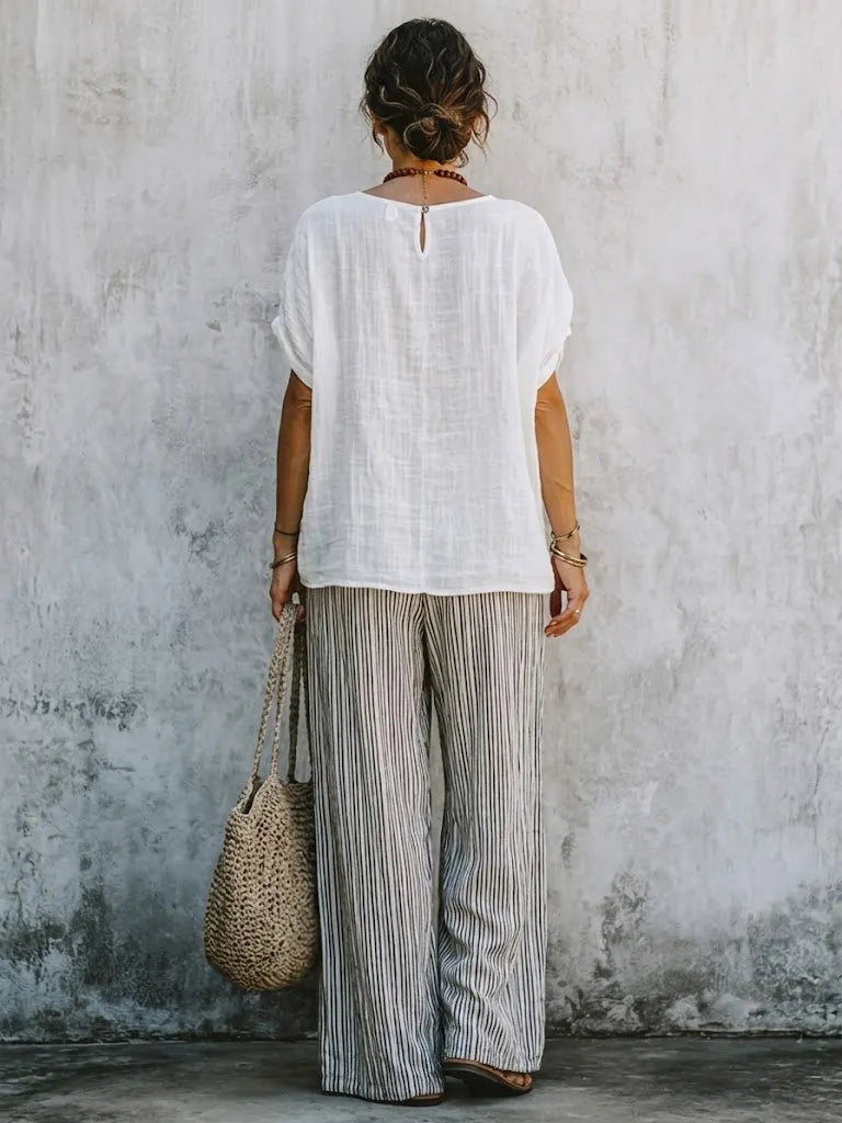 Women's Simple Top And Striped Wide-leg Pants Cotton Linen Set