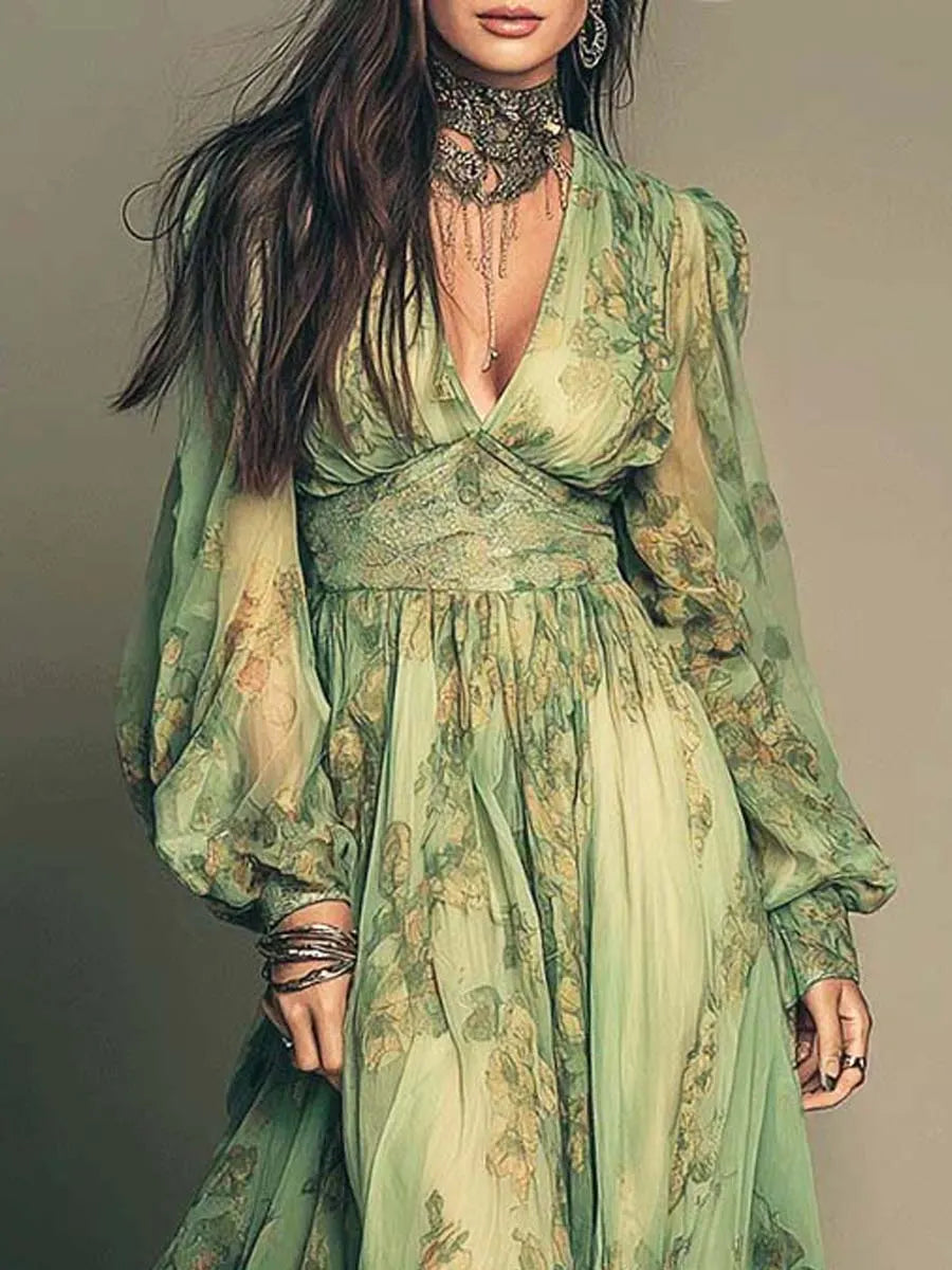 Women's Retro Floral Pattern Art Stylish Chiffon Casual Dress